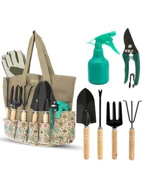 8-Piece Garden Tool Set with Bag, Stainless Steel Tools, Wooden Handles and Soft